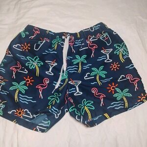 Chubbies Swim Shorts Mens Medium Blue Neon Flamingo Palm Martini Beach 5" Inseam